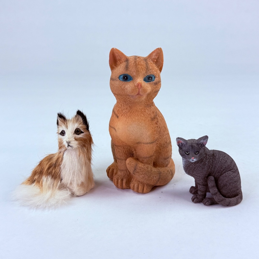 Vintage Style Cat Figurine Set of 3 Orange Tabby Grey Resin Faux Fur Miniature